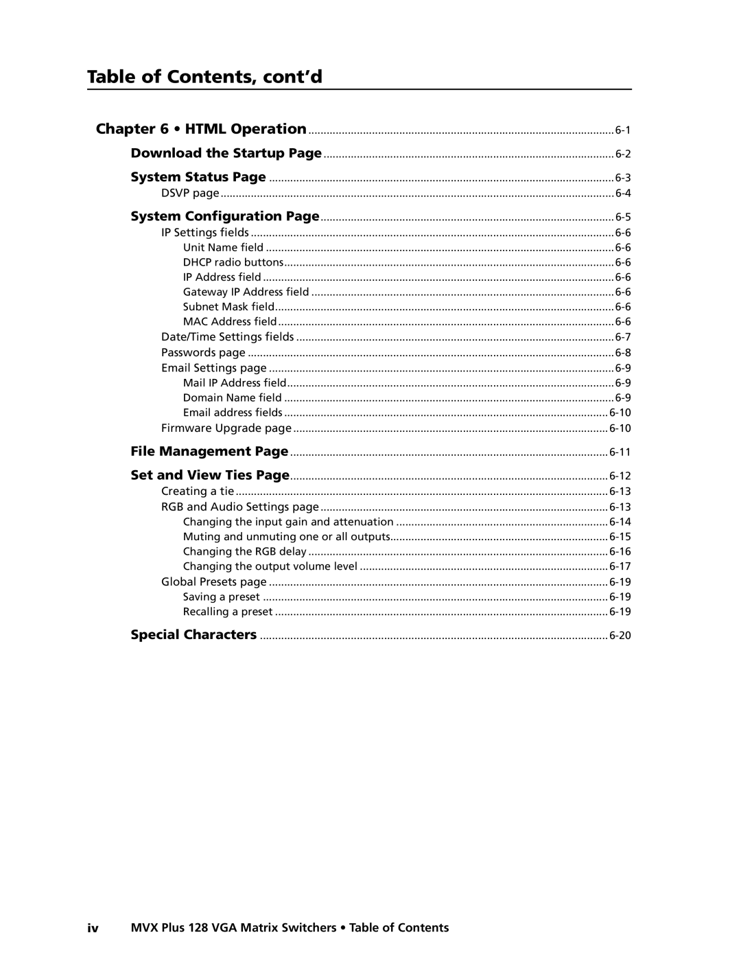 Extron electronic MVX PLUS 128 manual Iv MVX Plus 128 VGA Matrix Switchers Table of Contents 