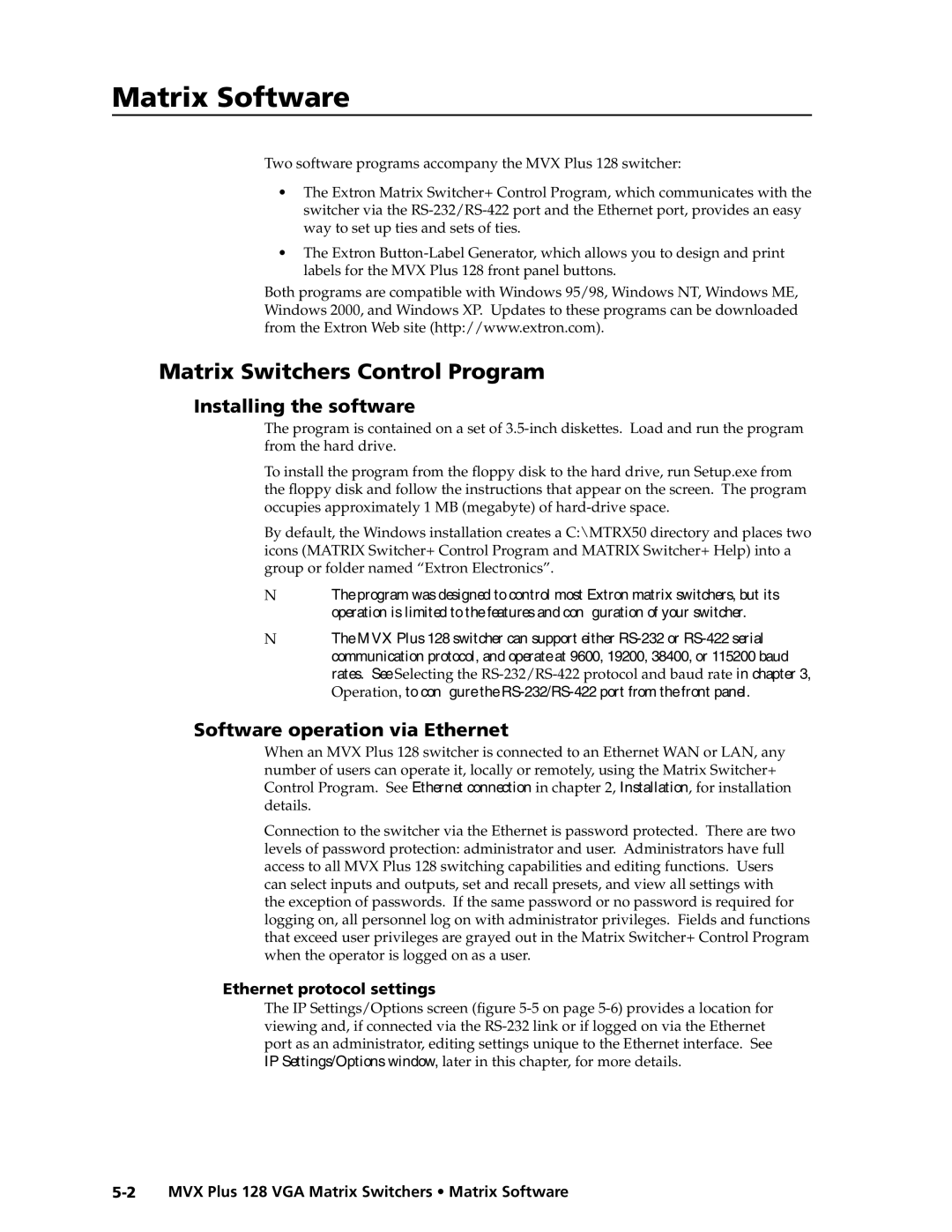Extron electronic MVX PLUS 128 Matrix Switchers Control Program, Installing the software, Software operation via Ethernet 