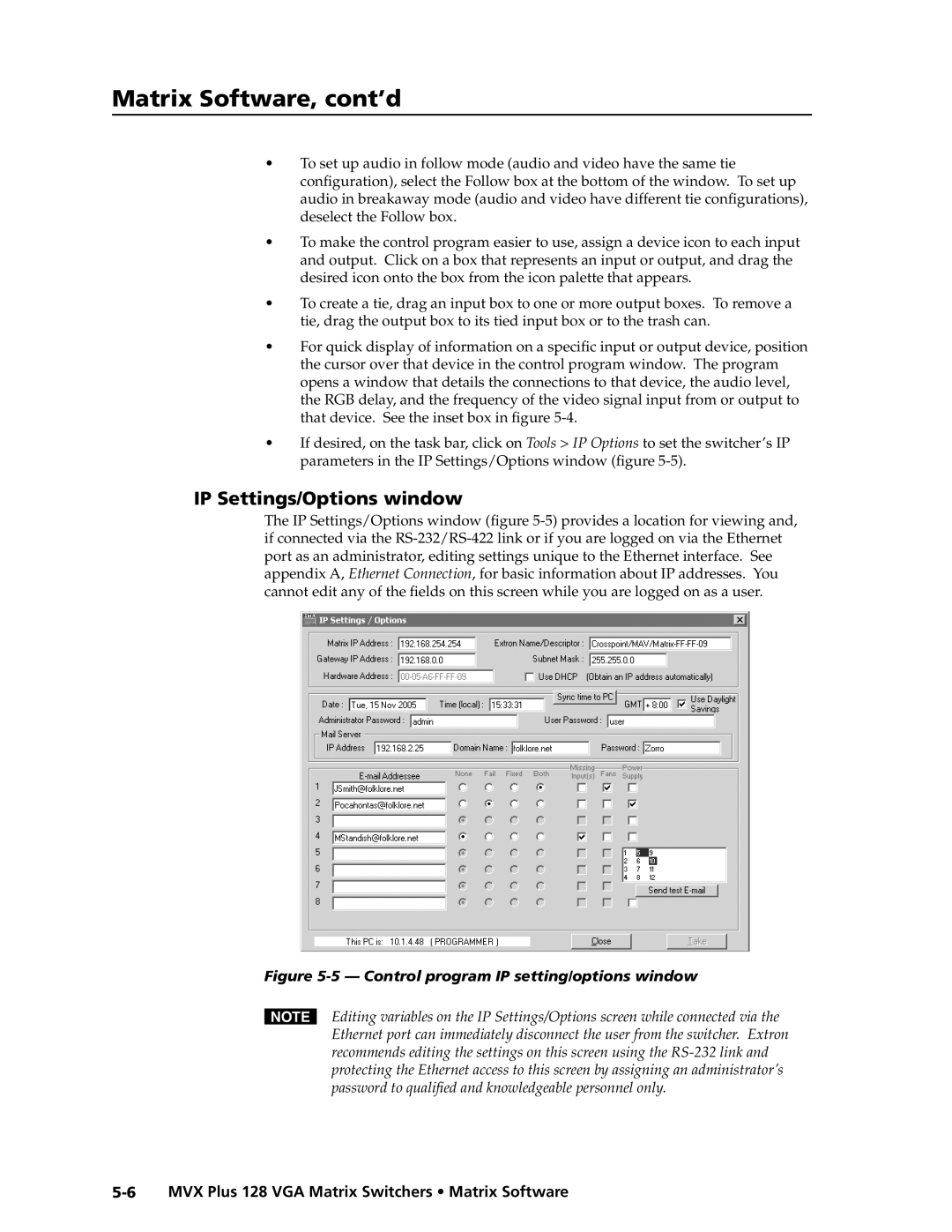 Extron electronic MVX PLUS 128 manual IP Settings/Options window, Control program IP setting/options window 