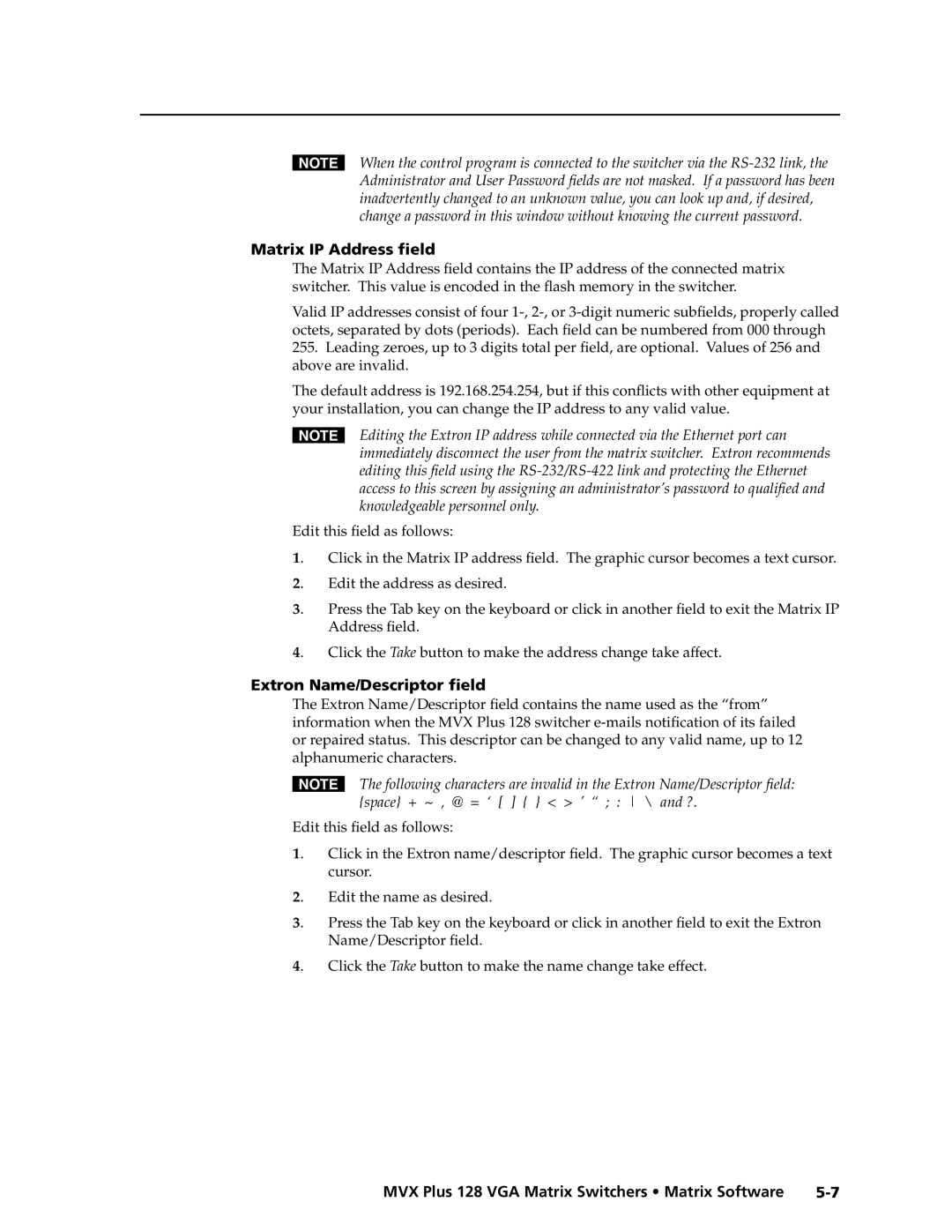 Extron electronic MVX PLUS 128 manual Matrix IP Address ﬁeld, Extron Name/Descriptor ﬁeld 
