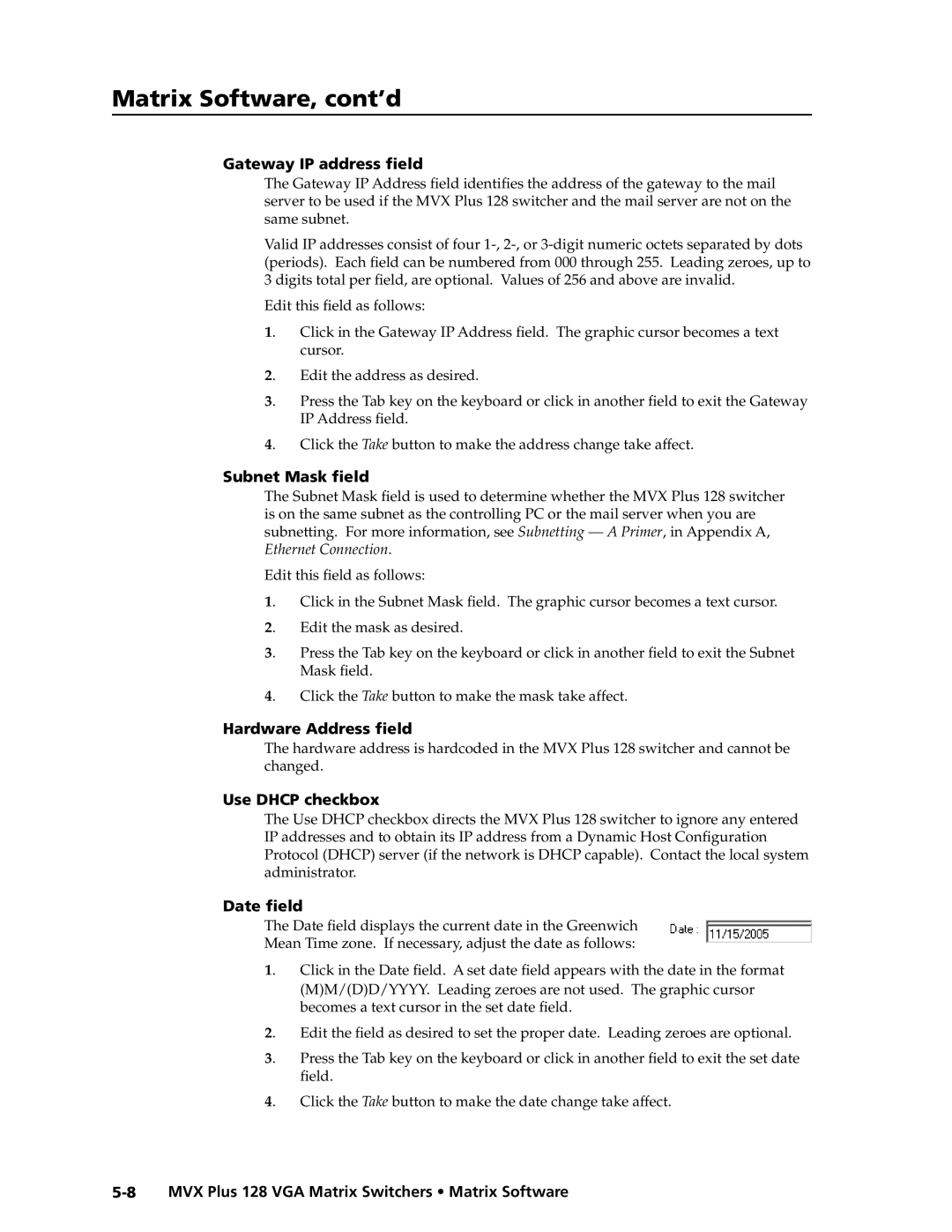 Extron electronic MVX PLUS 128 manual Gateway IP address ﬁeld, Subnet Mask ﬁeld, Hardware Address ﬁeld, Use Dhcp checkbox 