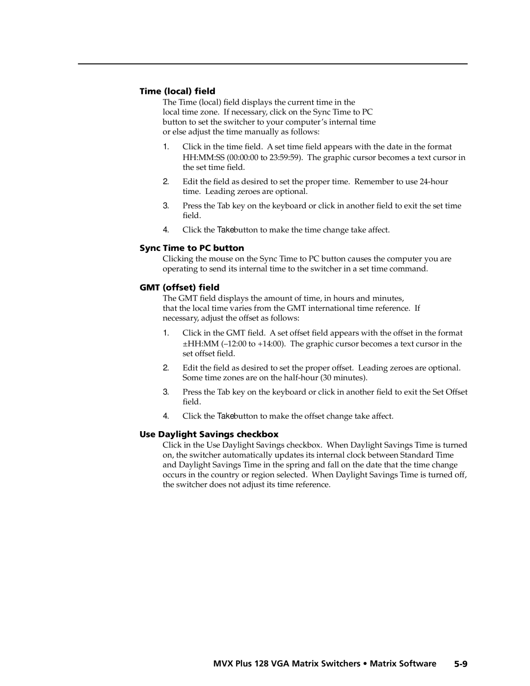 Extron electronic MVX PLUS 128 Time local ﬁeld, Sync Time to PC button, GMT offset ﬁeld, Use Daylight Savings checkbox 