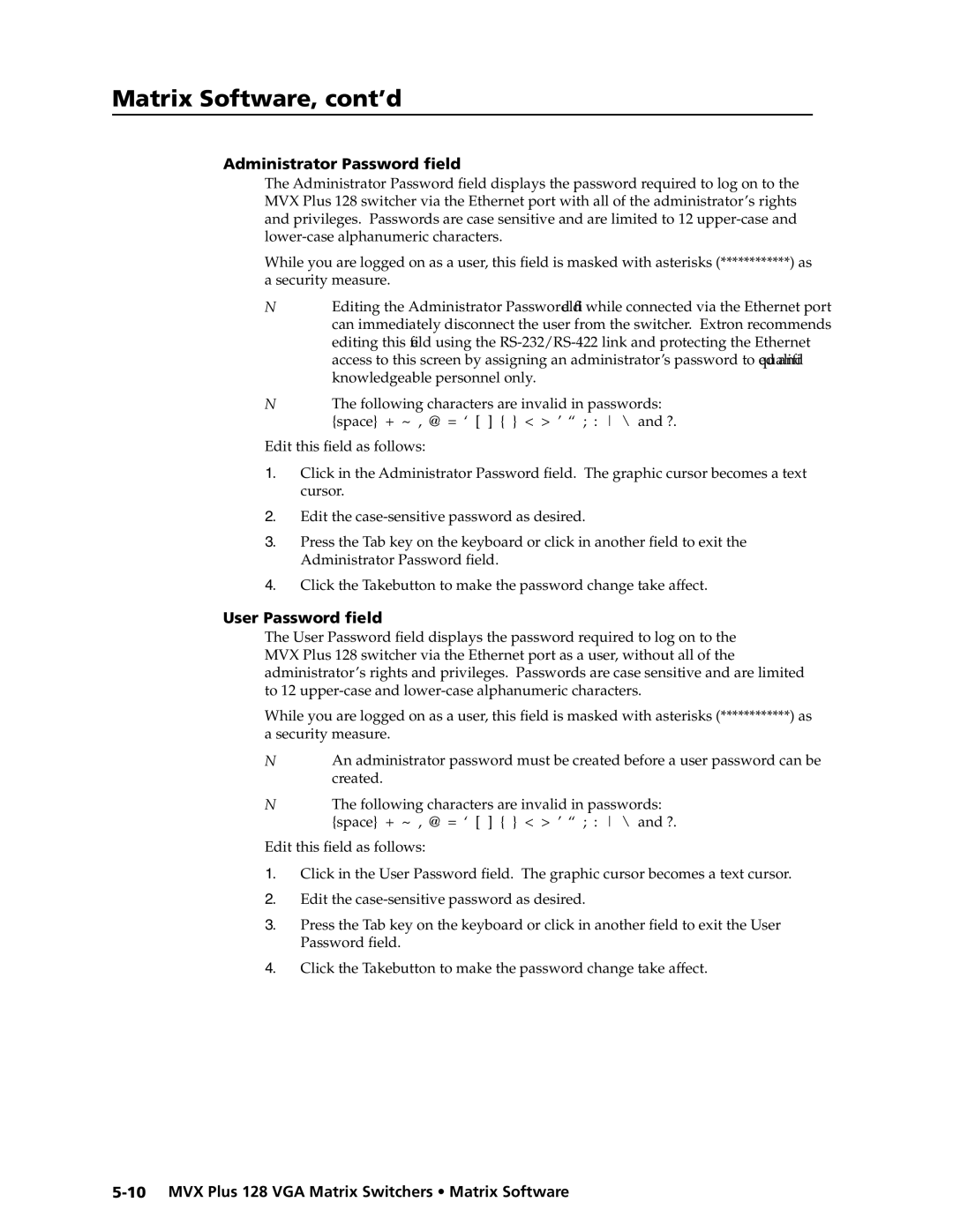 Extron electronic MVX PLUS 128 manual Administrator Password ﬁeld, User Password ﬁeld 