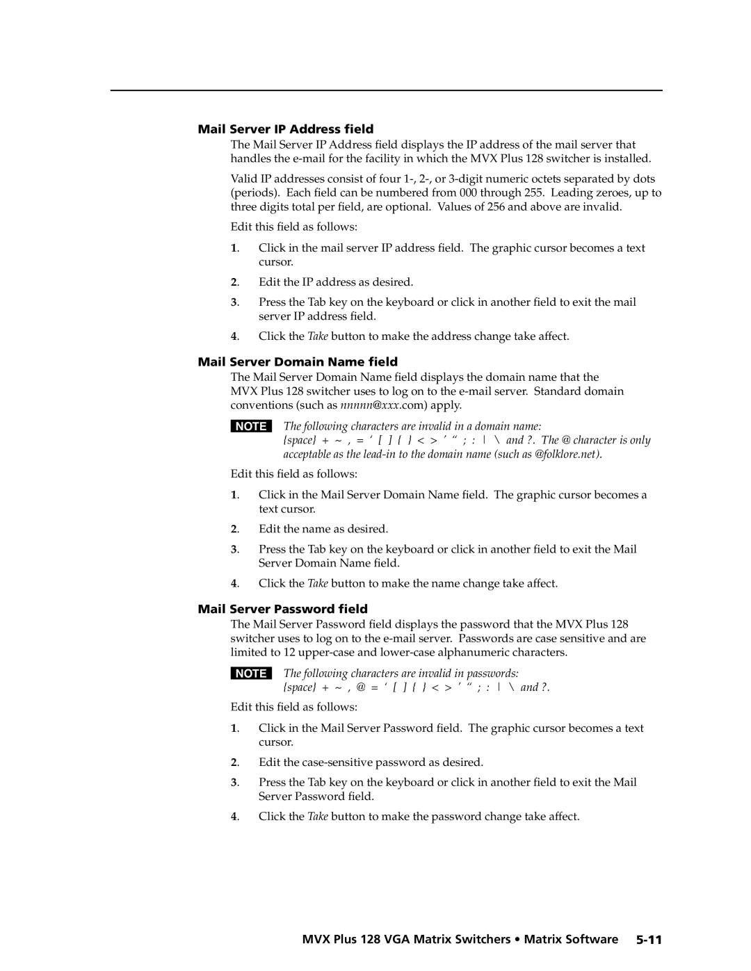 Extron electronic MVX PLUS 128 manual Mail Server IP Address ﬁeld, Mail Server Domain Name ﬁeld, Mail Server Password ﬁeld 