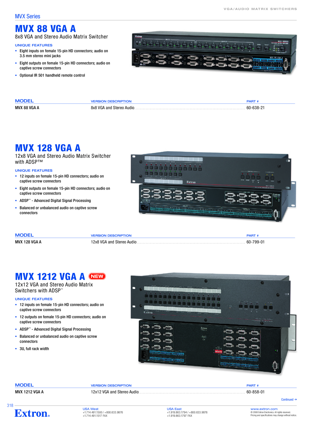 Extron electronic MVX 88 VGA A, MVX 128 VGA A, MVX 1212 VGA A, 8x8 VGA and Stereo Audio Matrix Switcher, 60-638-21 