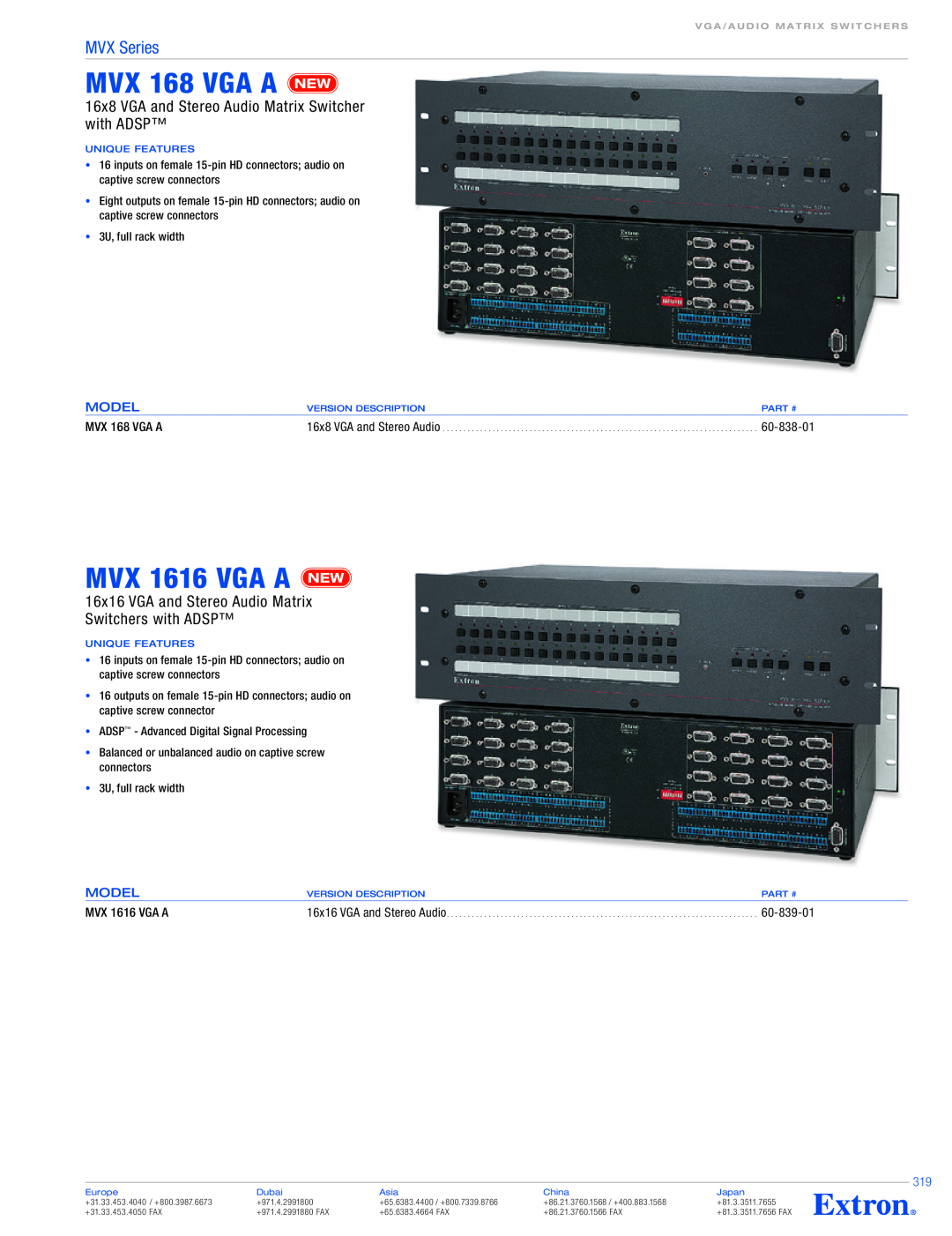 Extron electronic MVX Series MVX 168 VGA A, MVX 1616 VGA A, 16x8 VGA and Stereo Audio Matrix Switcher with ADSP, 60-838-01 