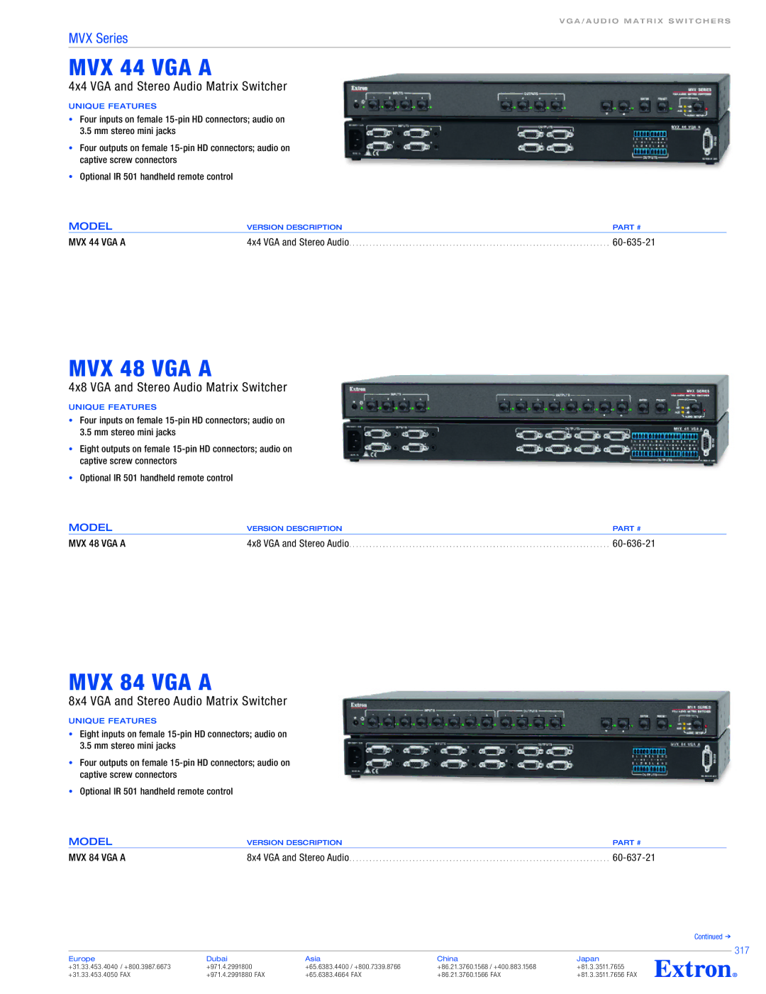 Extron electronic MVX Series, MVX 128 VGA specifications MVX 44 VGA a, MVX 48 VGA a, MVX 84 VGA a 