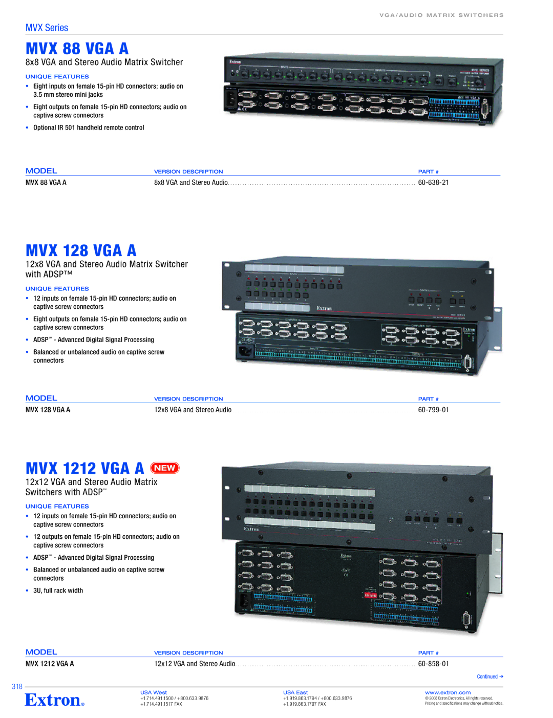 Extron electronic MVX Series specifications MVX 88 VGA a, MVX 128 VGA a, MVX 1212 VGA a 