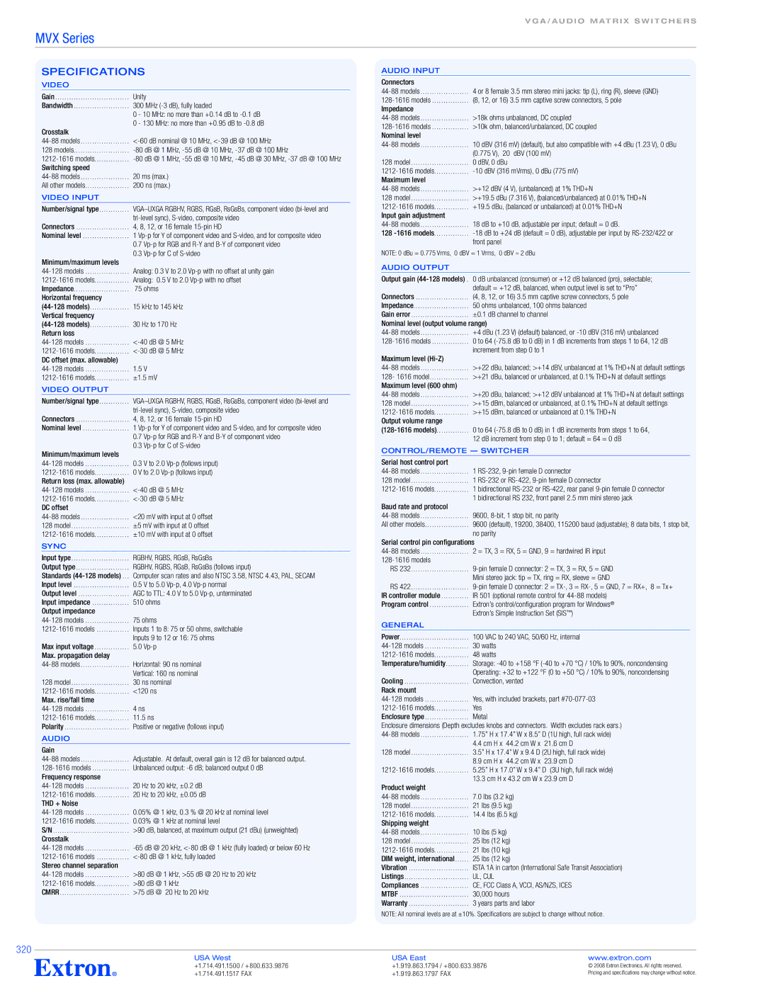 Extron electronic MVX 128 VGA, MVX Series specifications Specifications, 320 