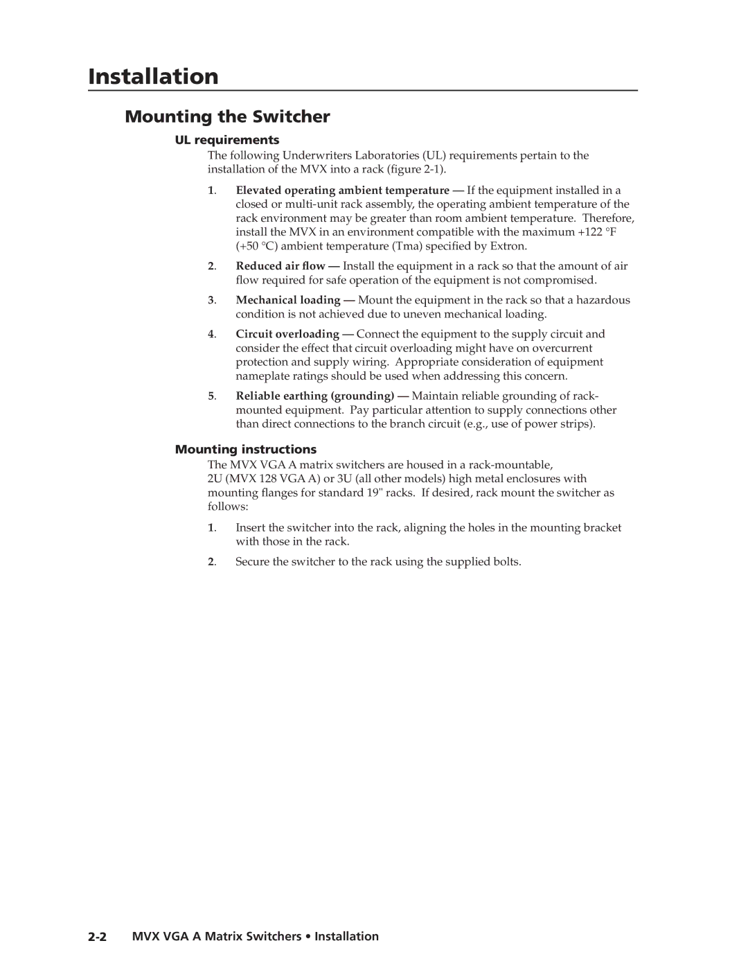 Extron electronic MVX VGA A manual Mounting the Switcher, UL requirements, Mounting instructions 