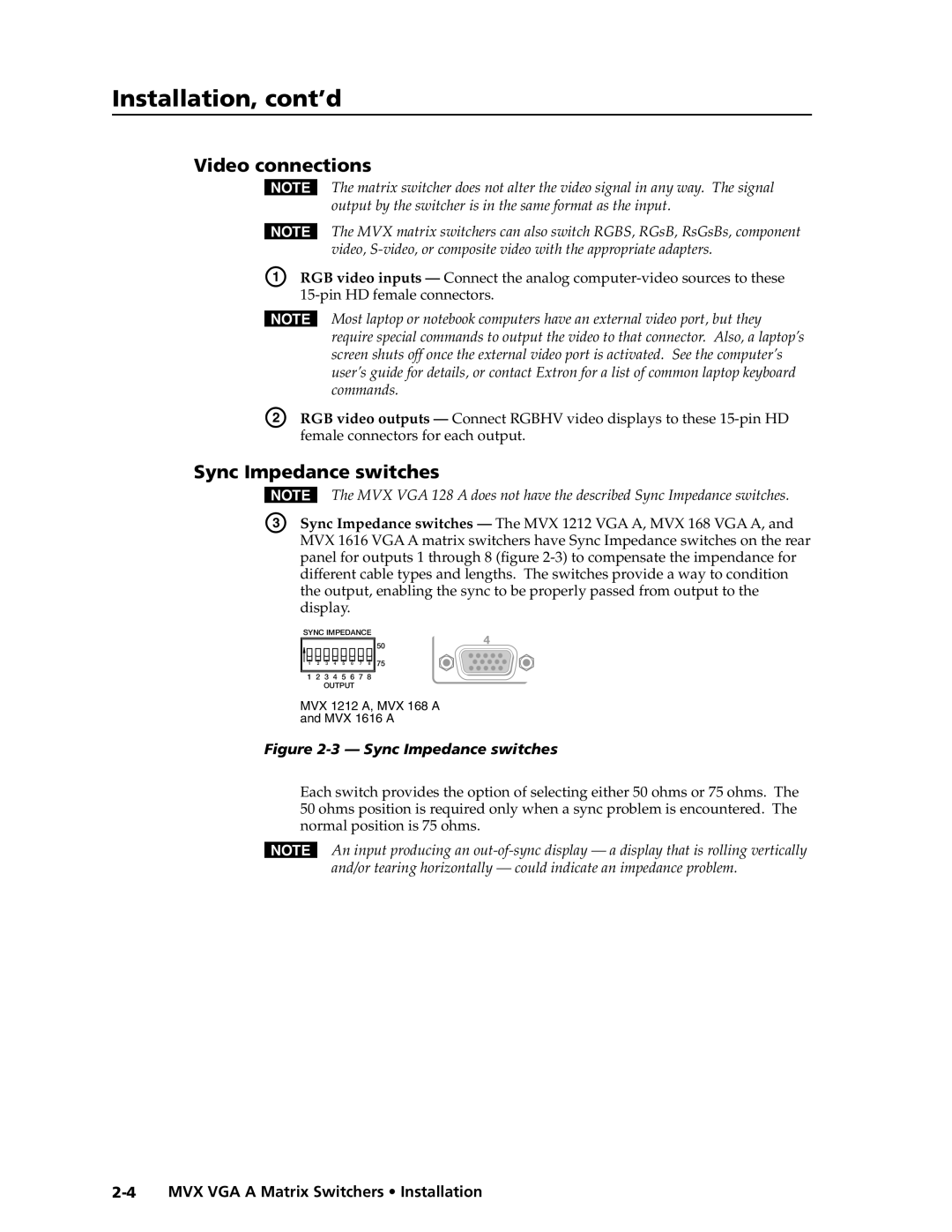 Extron electronic MVX VGA A manual Video connections, Sync Impedance switches 