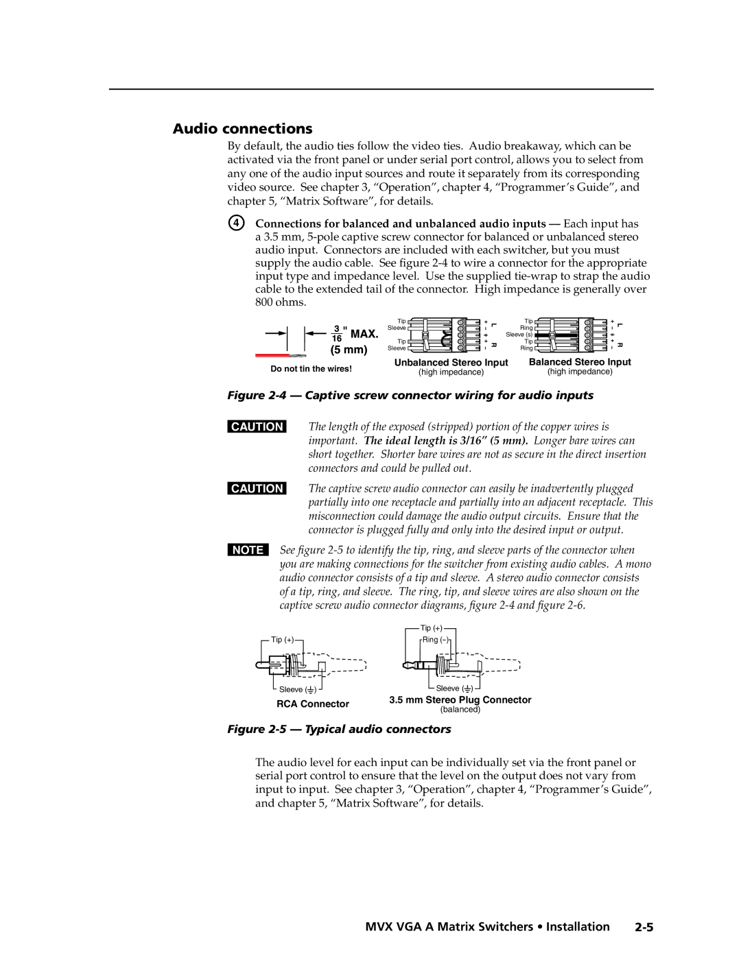 Extron electronic MVX VGA A manual Audio connections, Ohms 