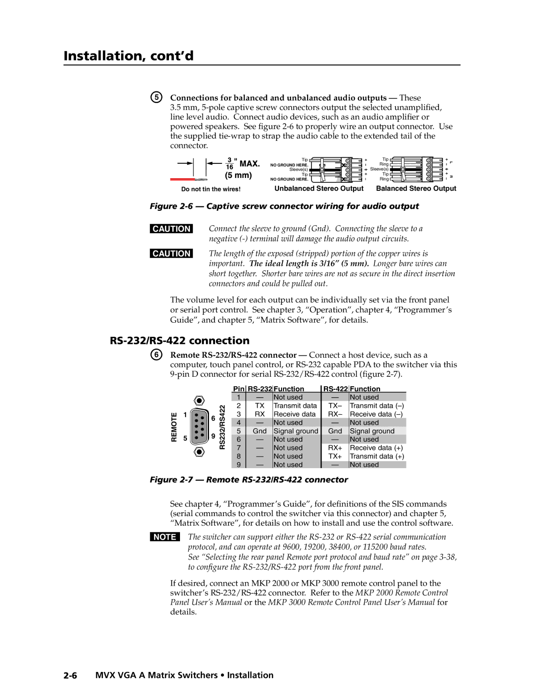 Extron electronic MVX VGA A manual RS-232/RS-422 connection, Connections for balanced and unbalanced audio outputs These 