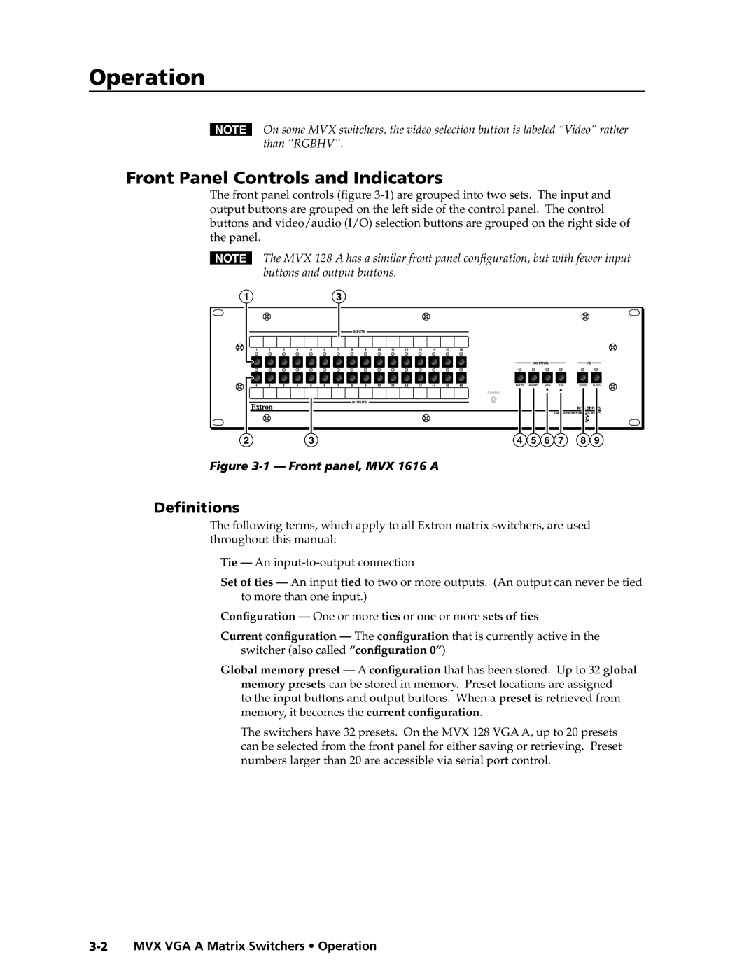 Extron electronic MVX VGA A manual Front Panel Controls and Indicators, Definitions, MVX VGA a Matrix Switchers Operation 