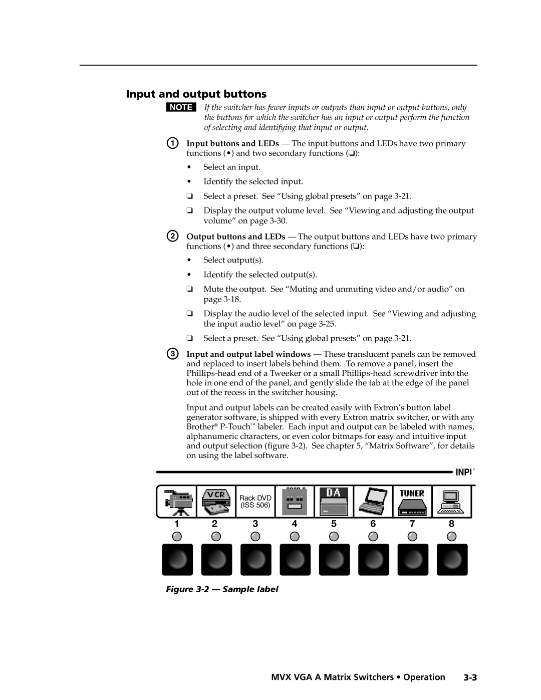 Extron electronic MVX VGA A manual Input and output buttons, Sample label 