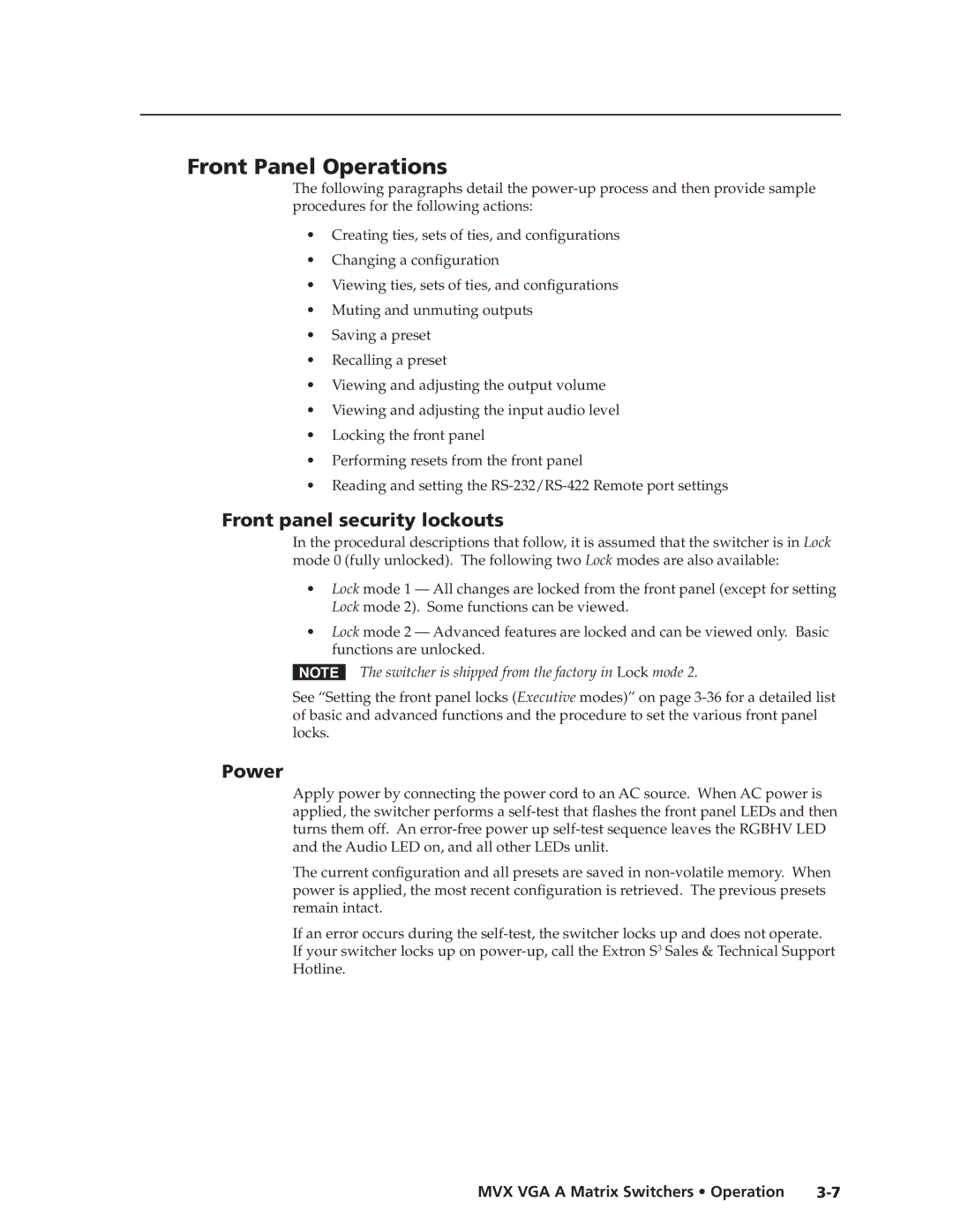 Extron electronic MVX VGA A manual Front Panel Operations, Front panel security lockouts, Power 