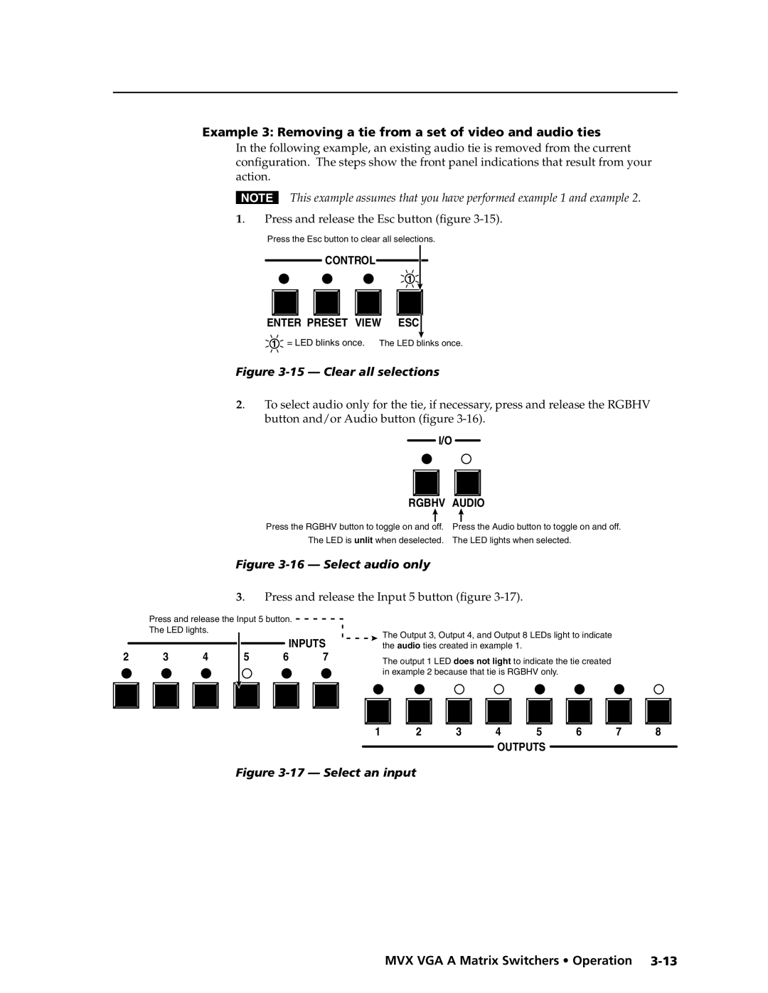 Extron electronic MVX VGA A manual Example 3 Removing a tie from a set of video and audio ties, Clear all selections 
