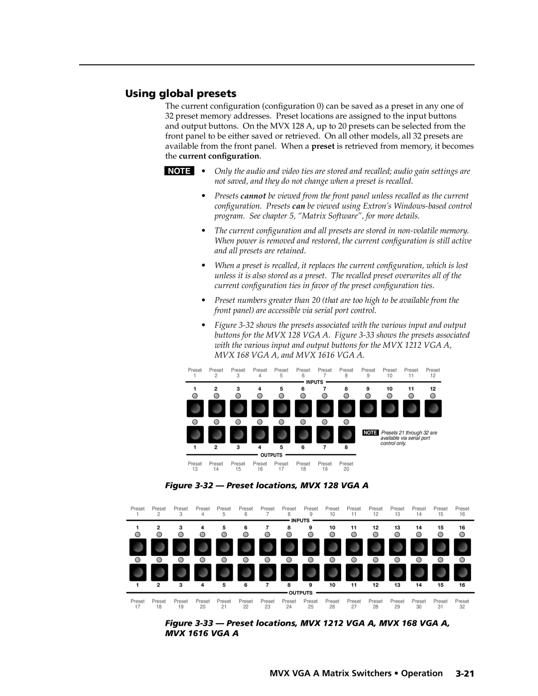 Extron electronic MVX VGA A manual Using global presets, Preset locations, MVX 128 VGA a 