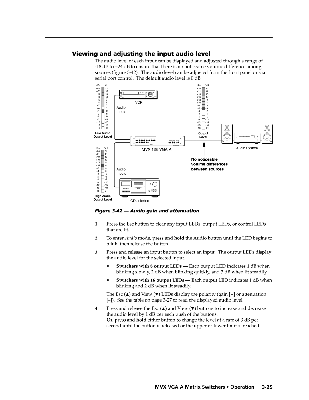 Extron electronic MVX VGA A manual Viewing and adjusting the input audio level, Audio gain and attenuation 