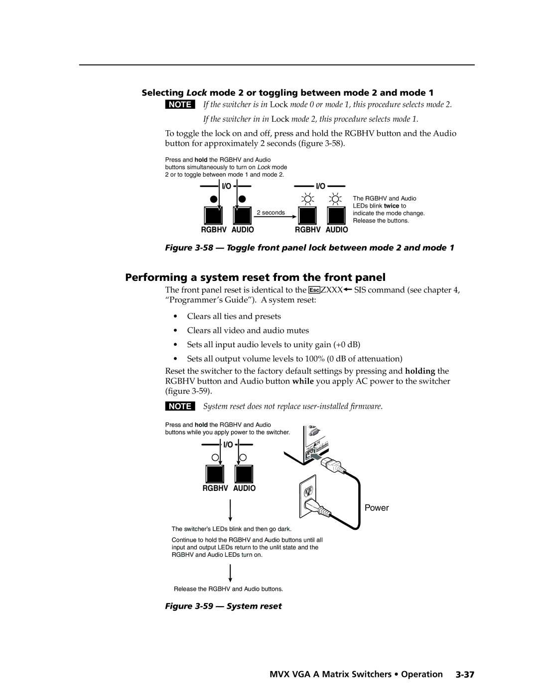 Extron electronic MVX VGA A manual Performing a system reset from the front panel 