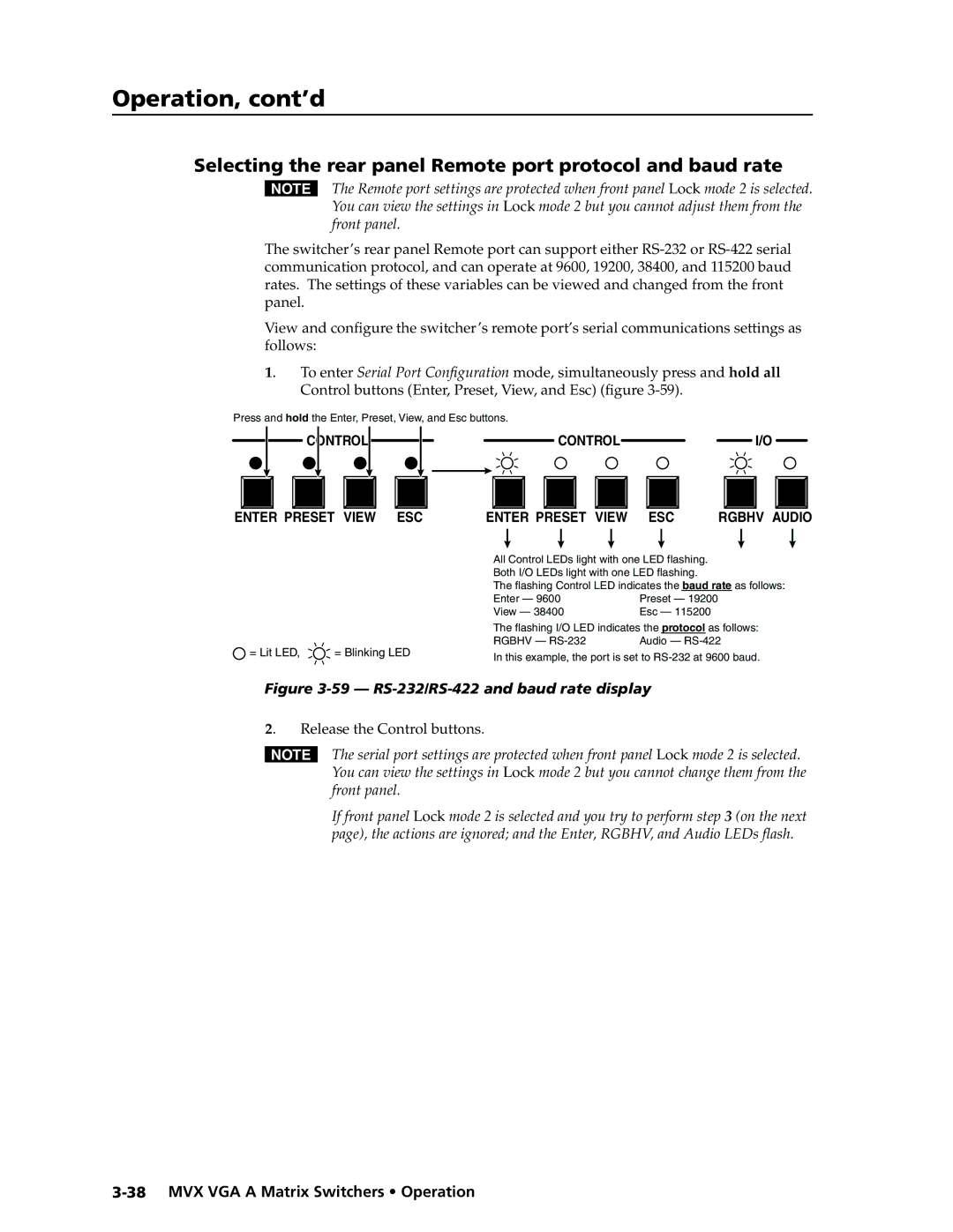 Extron electronic MVX VGA A manual Selecting the rear panel Remote port protocol and baud rate, Release the Control buttons 