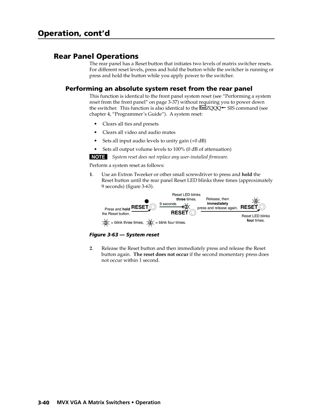 Extron electronic MVX VGA A manual Rear Panel Operations, Performing an absolute system reset from the rear panel 