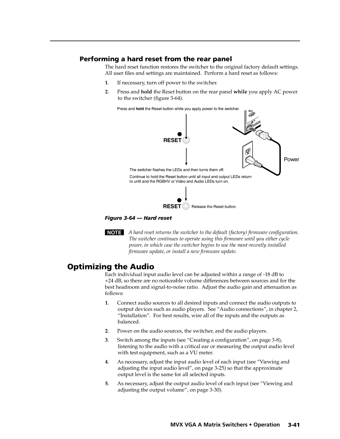 Extron electronic MVX VGA A manual Optimizing the Audio, Performing a hard reset from the rear panel 