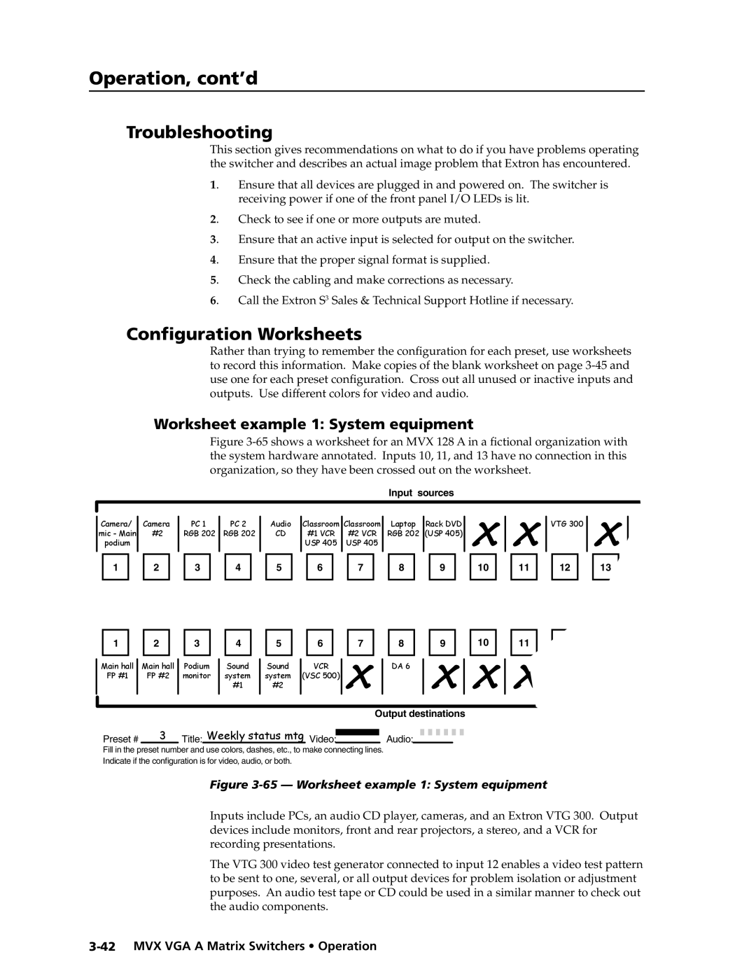 Extron electronic MVX VGA A manual Troubleshooting, Configuration Worksheets, Worksheet example 1 System equipment 