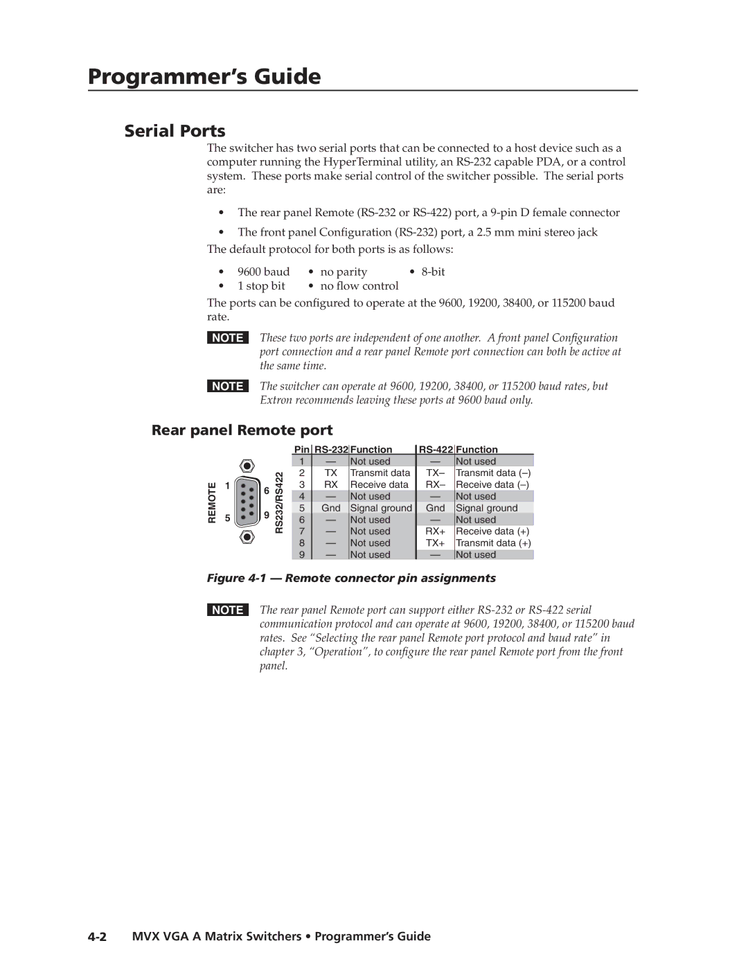 Extron electronic MVX VGA A manual Serial Ports, Rear panel Remote port, MVX VGA a Matrix Switchers Programmer’s Guide 