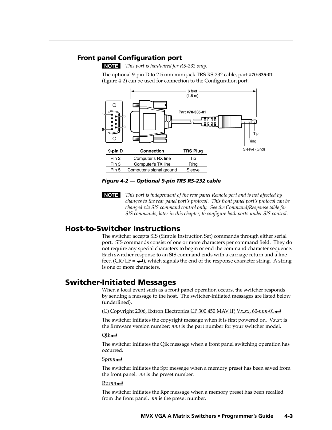 Extron electronic MVX VGA A Host-to-Switcher Instructions, Switcher-Initiated Messages, Front panel Configuration port 