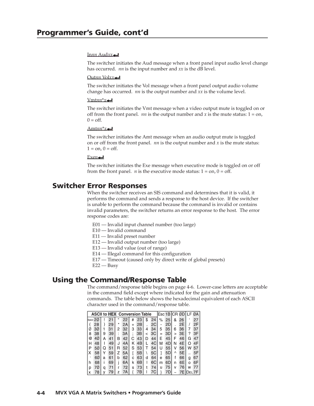 Extron electronic MVX VGA A manual Switcher Error Responses, Using the Command/Response Table 