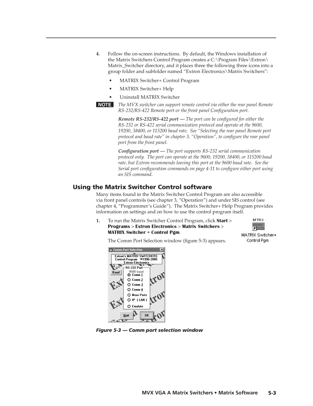 Extron electronic MVX VGA A manual Using the Matrix Switcher Control software, Comm port selection window 