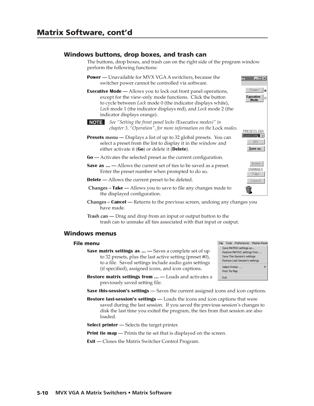 Extron electronic MVX VGA A manual Windows buttons, drop boxes, and trash can, Windows menus, File menu 