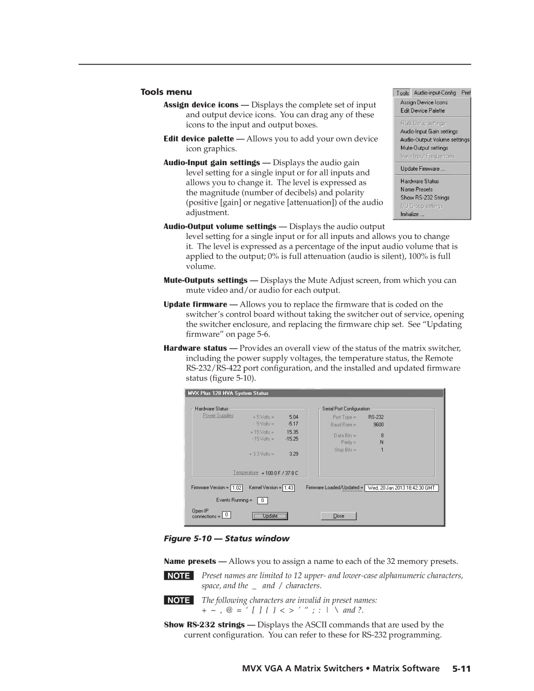 Extron electronic MVX VGA A manual Tools menu, Status window 