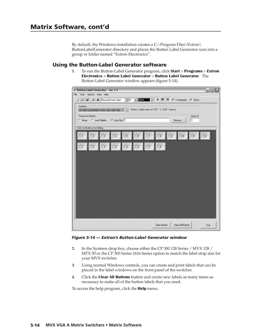 Extron electronic MVX VGA A manual Using the Button-Label Generator software, Extron’s Button-Label Generator window 