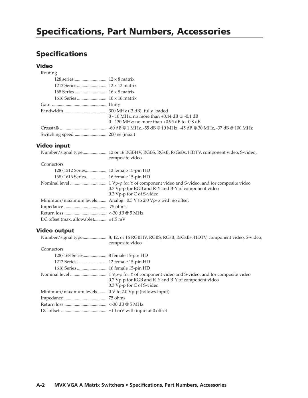 Extron electronic MVX VGA A manual Specifications, Part Numbers, Accessories 