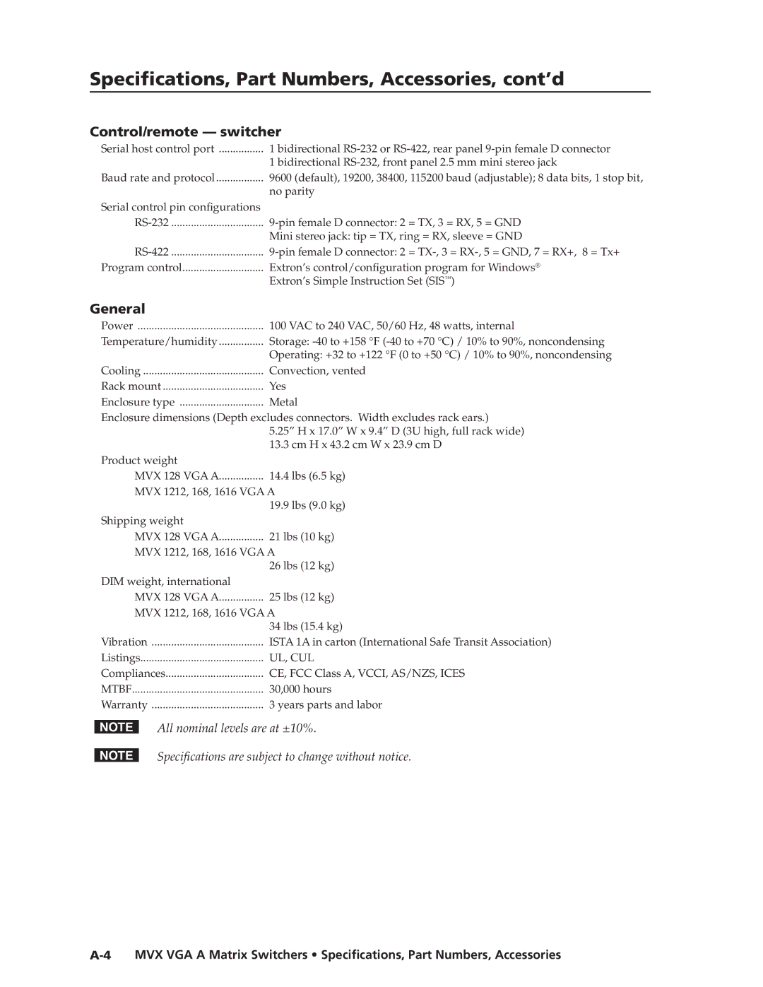 Extron electronic MVX VGA A manual Specifications, Part Numbers, Accessories, cont’d 