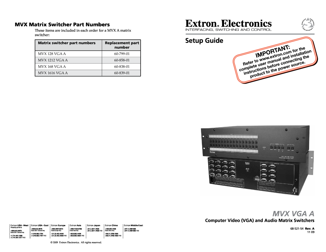 Extron electronic MVX VGA A setup guide MVX Matrix Switcher Part Numbers, Computer Video VGA and Audio Matrix Switchers 