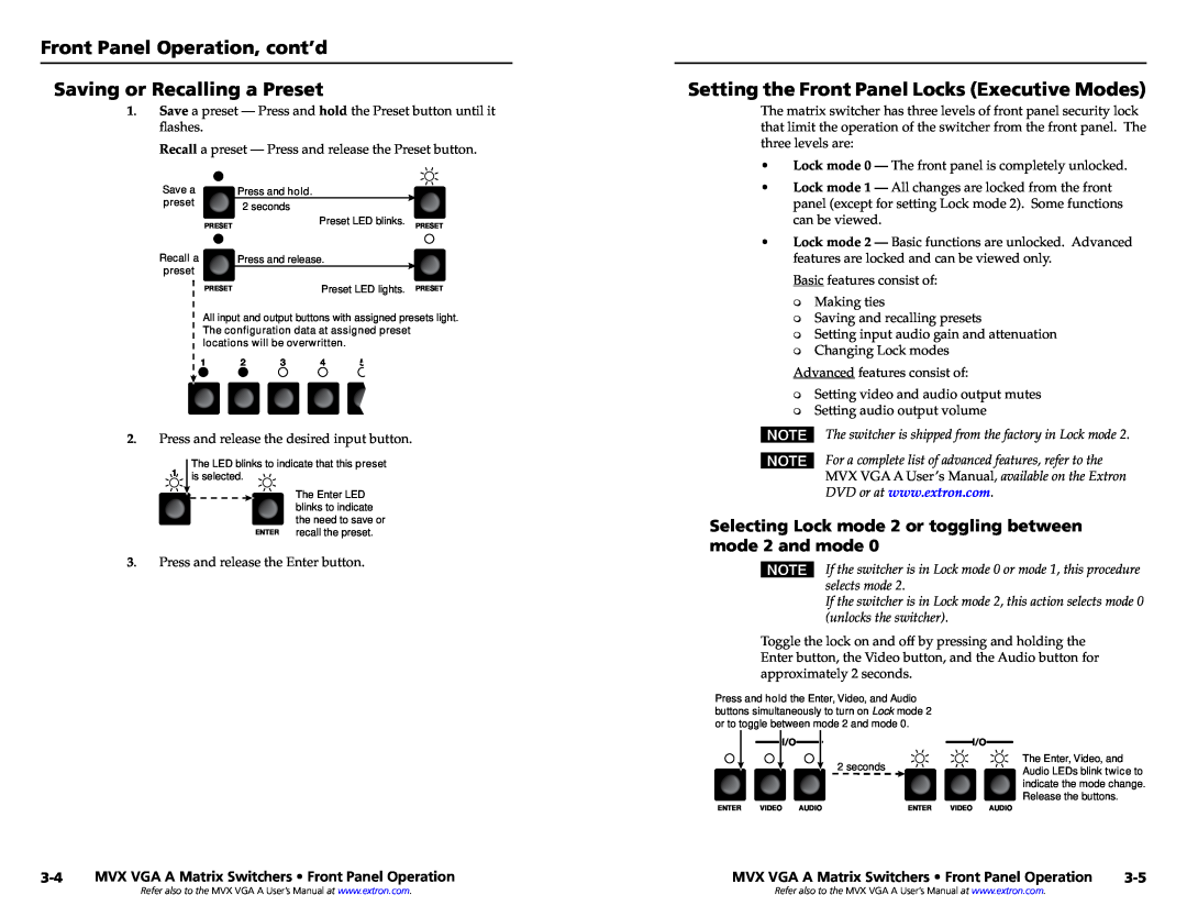 Extron electronic MVX VGA A setup guide Front Panel Operation, cont’d Saving or Recalling a Preset 