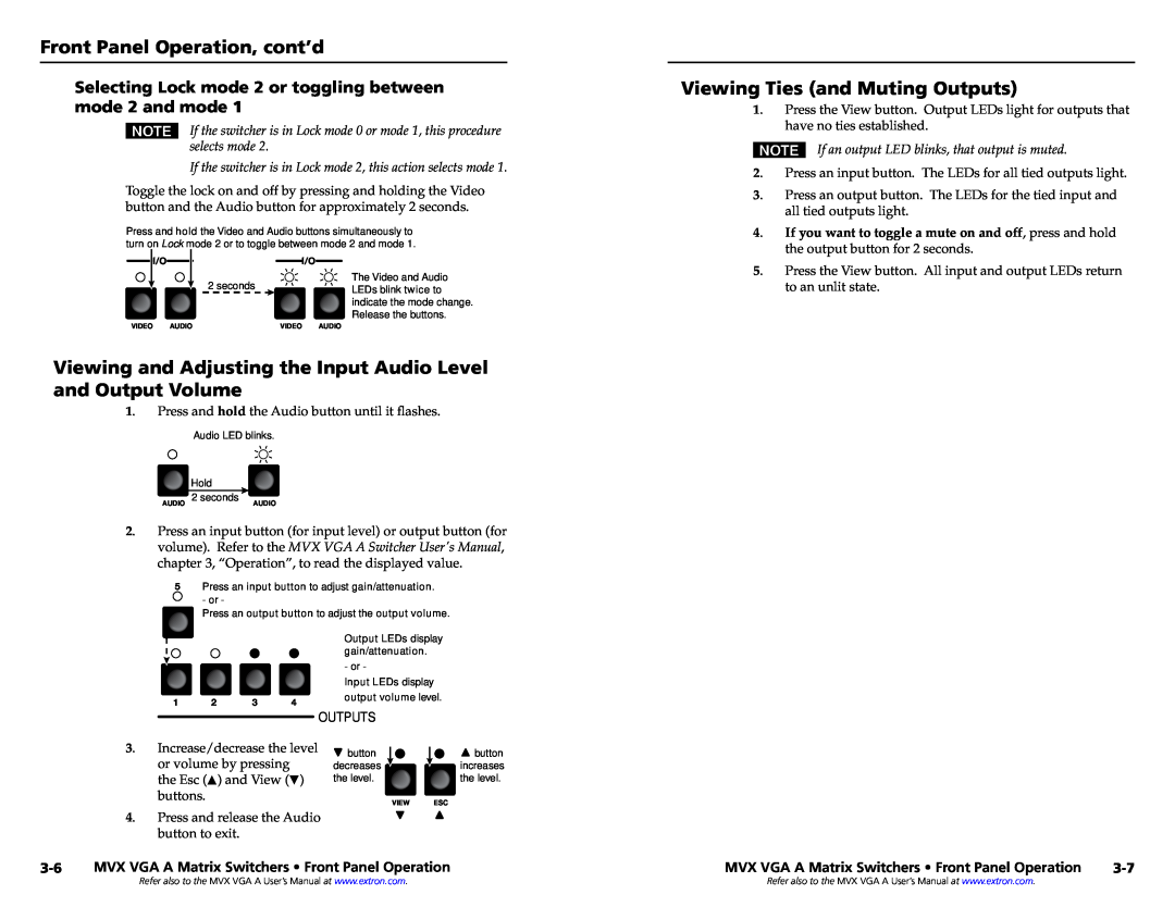 Extron electronic MVX VGA A Front Panel Operation, cont’d, Viewing and Adjusting the Input Audio Level and Output Volume 