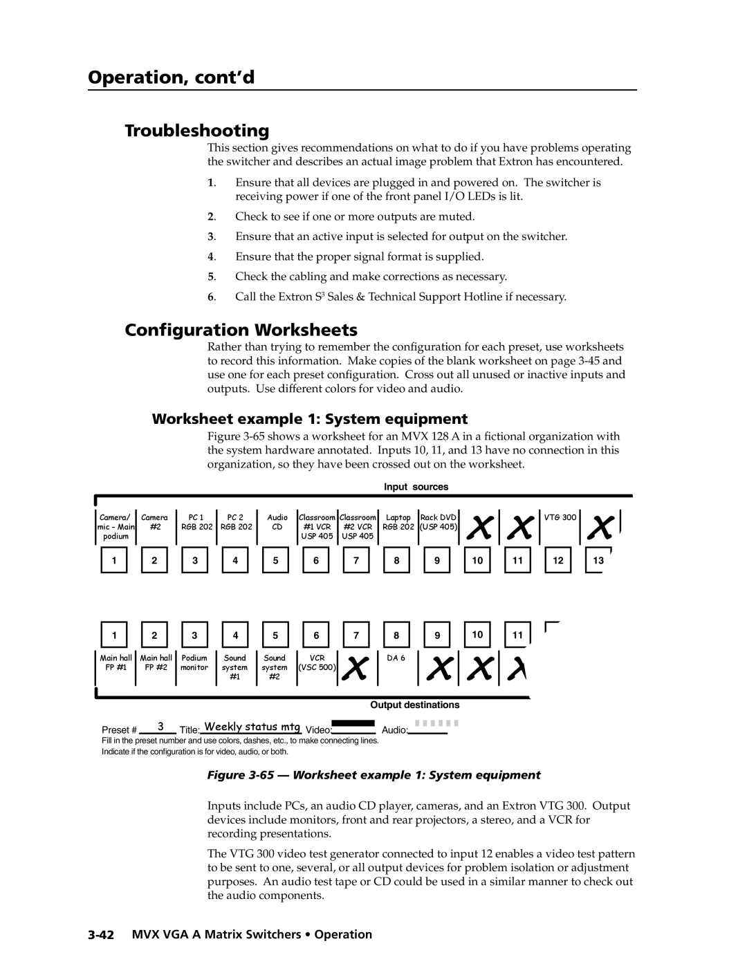 Extron electronic MVX VGA A Troubleshooting, Configuration Worksheets, Worksheet example 1 System equipment, Preliminary 