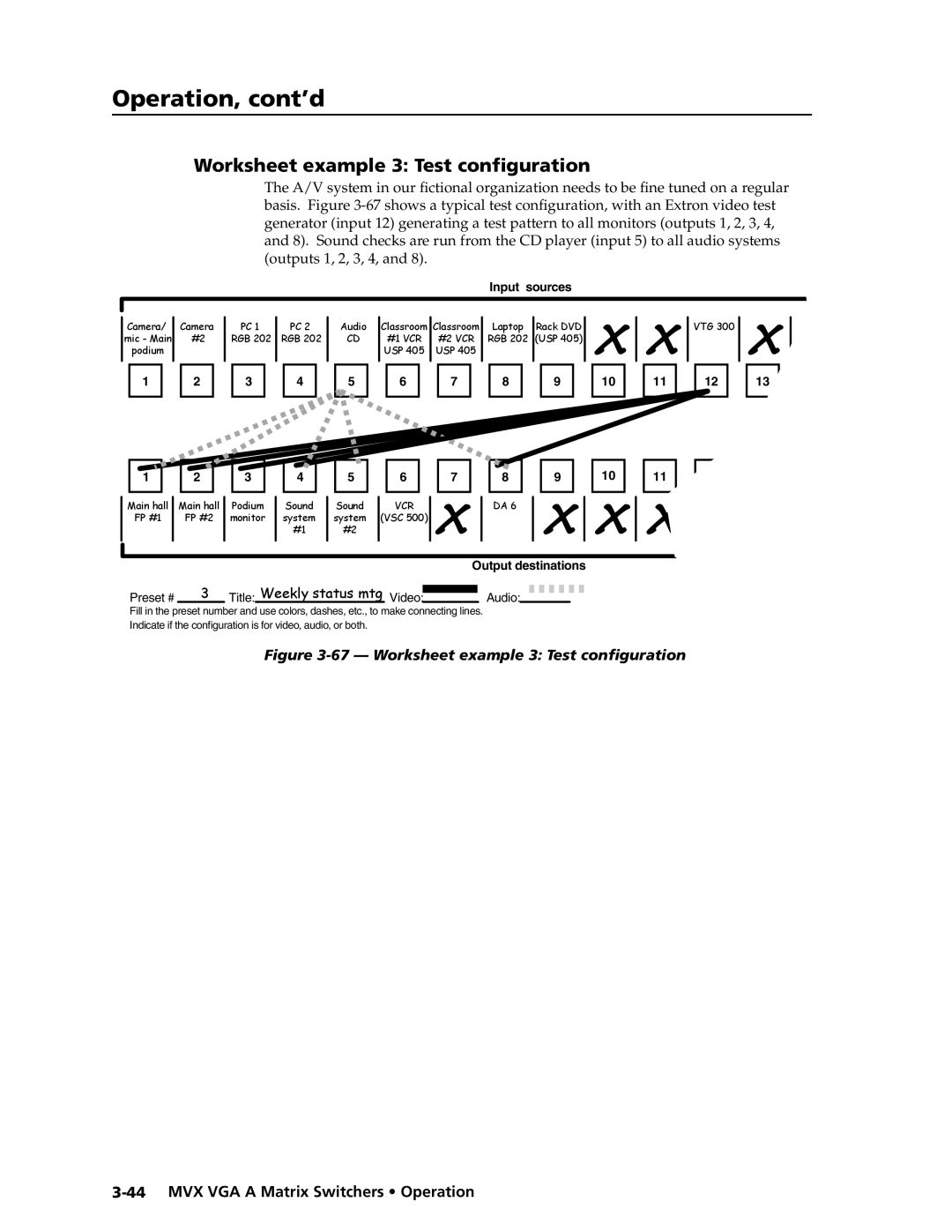 Extron electronic manual Preliminary, Worksheet example 3 Test configuration, MVX VGA A Matrix Switchers Operation 
