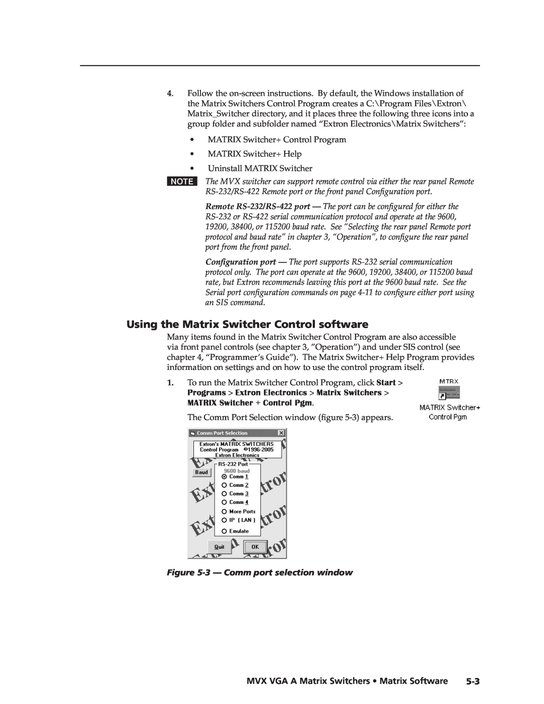 Extron electronic MVX VGA A manual Using the Matrix Switcher Control software, 3 - Comm port selection window, Preliminary 