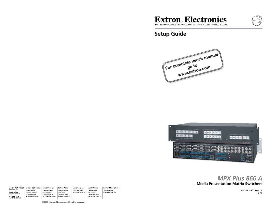 Extron electronic MPX Plus 866 A, N 60-796-01 setup guide Setup Guide, Media Presentation Matrix Switchers 