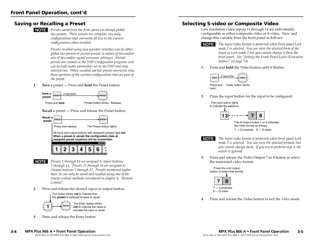 Extron electronic N 60-796-01, MPX Plus 866 A setup guide Front Panel Operation, cont’d Saving or Recalling a Preset 