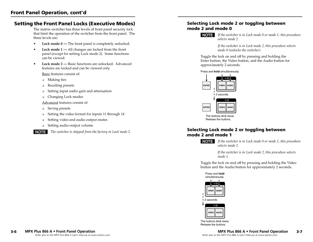 Extron electronic MPX Plus 866 A, N 60-796-01 setup guide Selecting Lock mode 2 or toggling between mode 2 and mode 