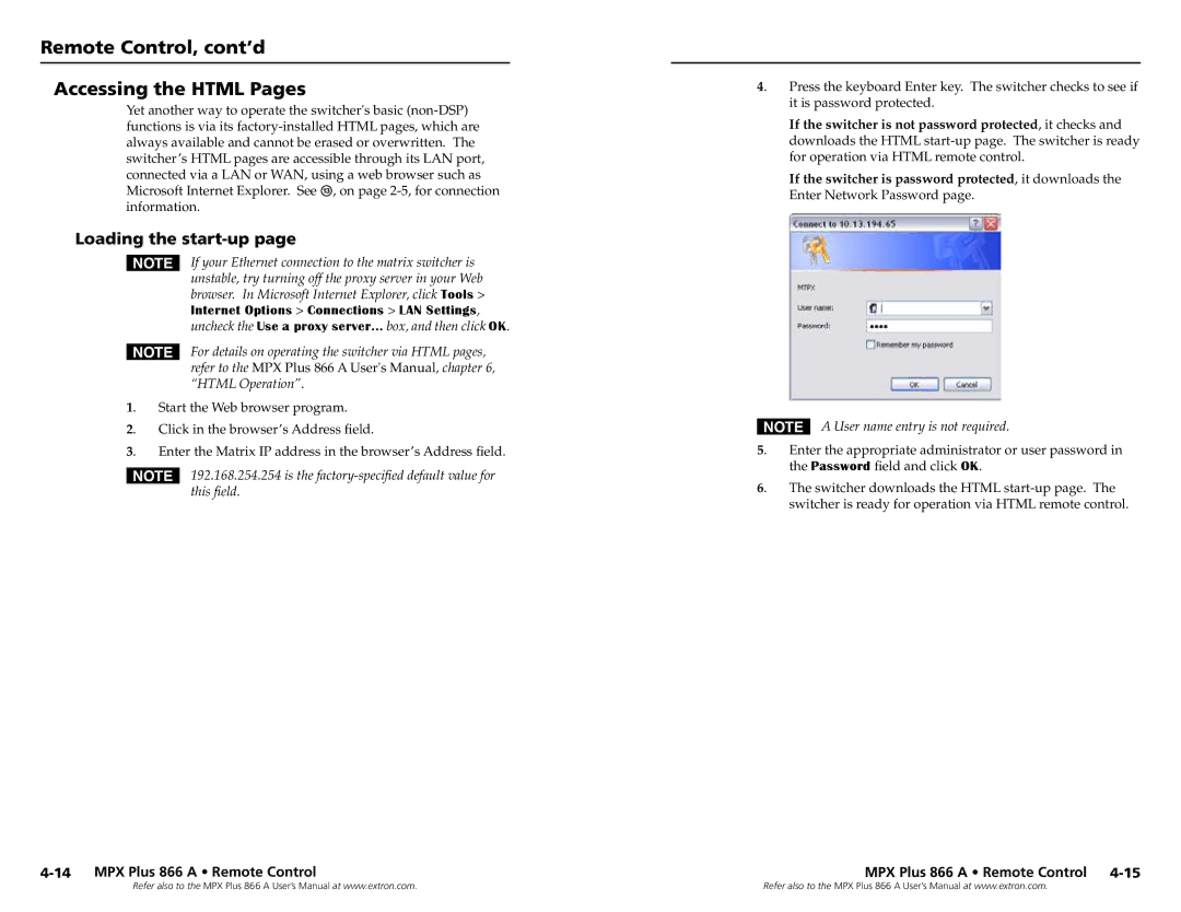 Extron electronic N 60-796-01, MPX Plus 866 A Remote Control, cont’d Accessing the Html Pages, Loading the start-up 