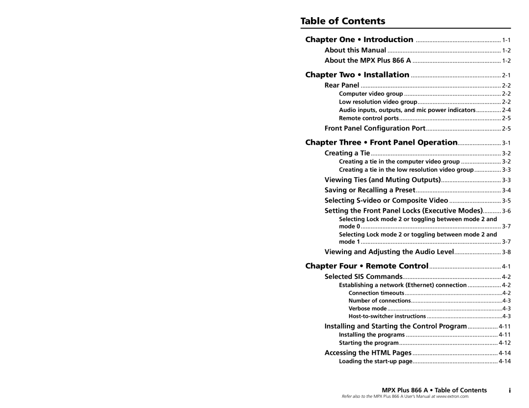 Extron electronic N 60-796-01, MPX Plus 866 A setup guide Table of Contents 