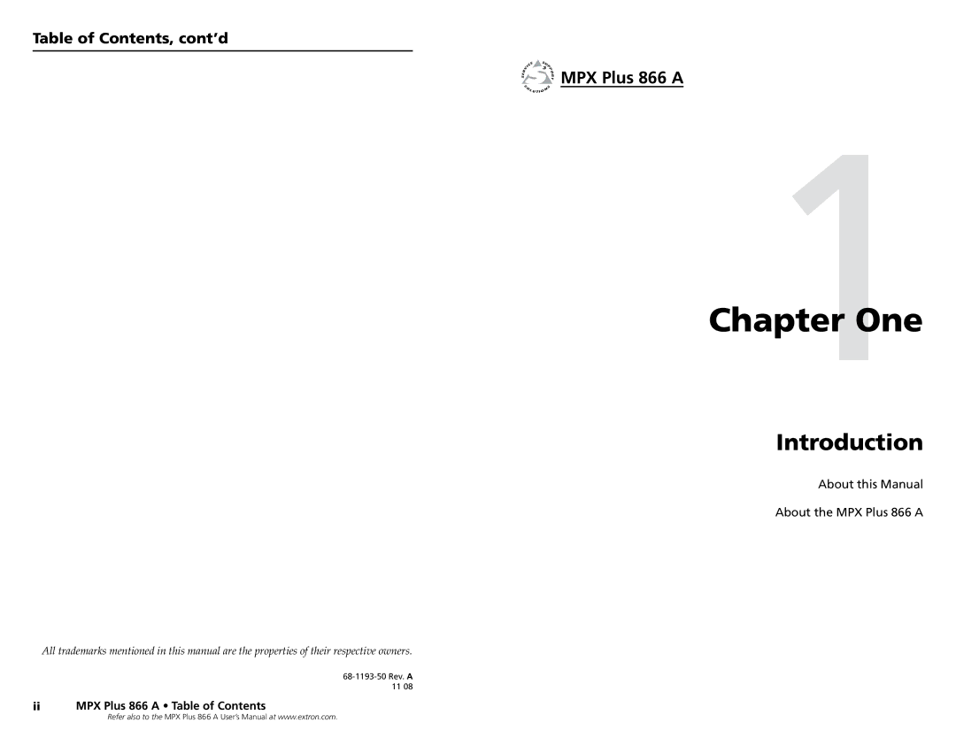Extron electronic MPX Plus 866 A, N 60-796-01 setup guide One, Introduction, MPX Plus 866 a, Table of Contents, cont’d 