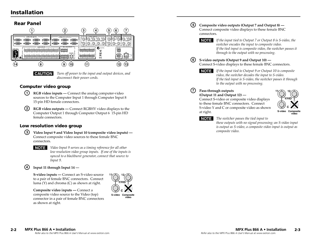 Extron electronic N 60-796-01, MPX Plus 866 A Installation, Rear Panel, Computer video group, Low resolution video group 